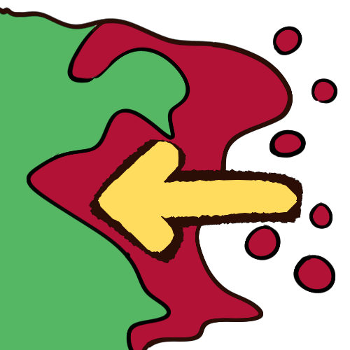 the edge of a landmass, with red dots outside of it. the landmass is green in the centre but red at the edges, and a big yellow arrow shows that the red is moving forward into the green areas.